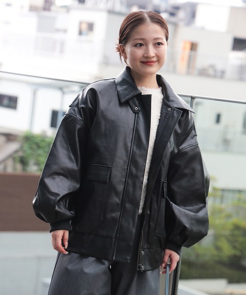 BEAMS HEART ブラック フェイクレザー ブルゾン ヴィンテージライク フェイクレザー ブルゾン（ブルゾン