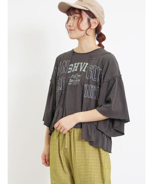 Samansa Mos2(サマンサ モスモス)の「切替ロゴTシャツ(Tシャツ/カットソー・レディース・イエロー/オフホワイト/チャコールグレー/パープル・F)」の1枚目の写真