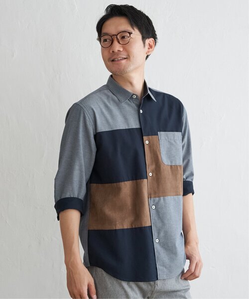 ikka(イッカ)の「7分袖ブロックス スエード調切り替えシャツ(シャツ/ブラウス・メンズ・ネイビー/ホワイト・L/M/S/XL)」の3枚目の写真