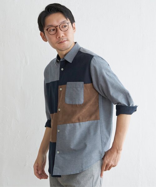 ikka(イッカ)の「7分袖ブロックス スエード調切り替えシャツ(シャツ/ブラウス・メンズ・ネイビー/ホワイト・L/M/S/XL)」の4枚目の写真
