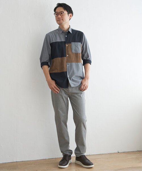 ikka(イッカ)の「7分袖ブロックス スエード調切り替えシャツ(シャツ/ブラウス・メンズ・ネイビー/ホワイト・L/M/S/XL)」の5枚目の写真