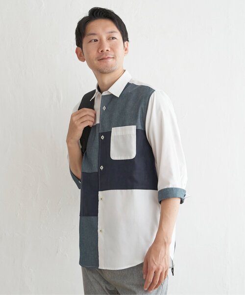 ikka(イッカ)の「7分袖ブロックス スエード調切り替えシャツ(シャツ/ブラウス・メンズ・ネイビー/ホワイト・L/M/S/XL)」の7枚目の写真