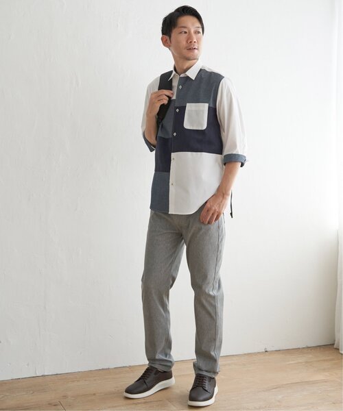 ikka(イッカ)の「7分袖ブロックス スエード調切り替えシャツ(シャツ/ブラウス・メンズ・ネイビー/ホワイト・L/M/S/XL)」の8枚目の写真