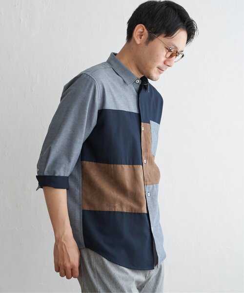 ikka(イッカ)の「7分袖ブロックス スエード調切り替えシャツ(シャツ/ブラウス・メンズ・ネイビー/ホワイト・L/M/S/XL)」の10枚目の写真