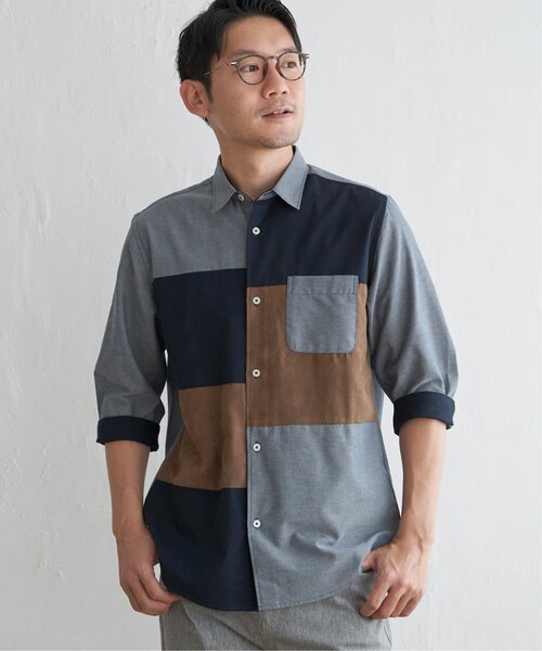 ikka(イッカ)の「7分袖ブロックス スエード調切り替えシャツ(シャツ/ブラウス・メンズ・ネイビー/ホワイト・L/M/S/XL)」の12枚目の写真