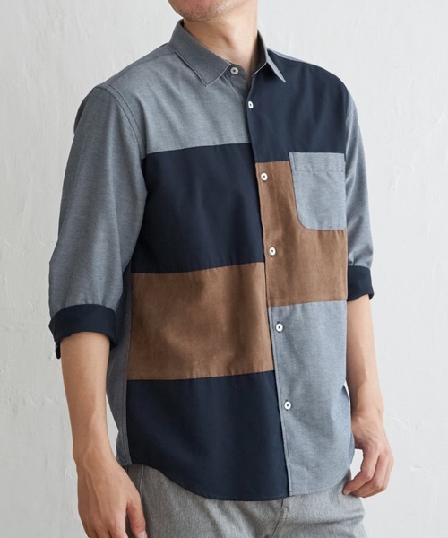 ikka(イッカ)の「7分袖ブロックス スエード調切り替えシャツ(シャツ/ブラウス・メンズ・ネイビー/ホワイト・L/M/S/XL)」の2枚目の写真
