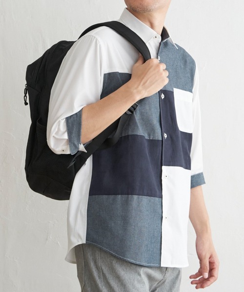 ikka(イッカ)の「7分袖ブロックス スエード調切り替えシャツ(シャツ/ブラウス・メンズ・ネイビー/ホワイト・L/M/S/XL)」の1枚目の写真