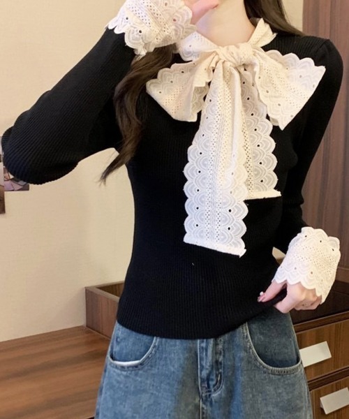 Miniministore(ミニミニストア)の「ニットトップス 刺しゅうレース ボウタイ(ニット/セーター・レディース・ブラウン/ホワイト/ワインレッド/ブラック・FREE)」の3枚目の写真