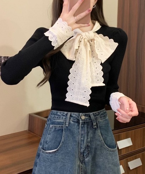 Miniministore(ミニミニストア)の「ニットトップス 刺しゅうレース ボウタイ(ニット/セーター・レディース・ブラウン/ホワイト/ワインレッド/ブラック・FREE)」の6枚目の写真