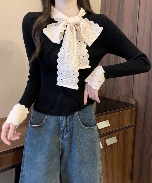 Miniministore(ミニミニストア)の「ニットトップス 刺しゅうレース ボウタイ(ニット/セーター・レディース・ブラウン/ホワイト/ワインレッド/ブラック・FREE)」の7枚目の写真