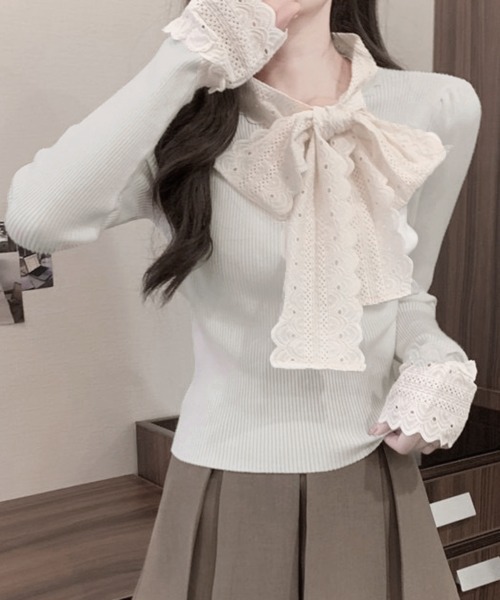Miniministore(ミニミニストア)の「ニットトップス 刺しゅうレース ボウタイ(ニット/セーター・レディース・ブラウン/ホワイト/ワインレッド/ブラック・FREE)」の8枚目の写真