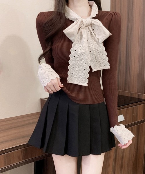Miniministore(ミニミニストア)の「ニットトップス 刺しゅうレース ボウタイ(ニット/セーター・レディース・ブラウン/ホワイト/ワインレッド/ブラック・FREE)」の9枚目の写真