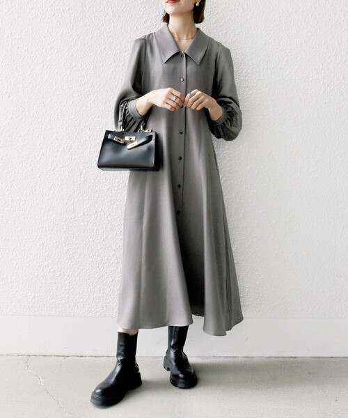 SHIPS any（シップス エニィ）の「【WEB限定】SHIPS any:〈洗濯機可能〉シャーク フラットカラー パフスリーブ ワンピース（シャツワンピース・レディース・グレー/ネイビー・ONE SIZE）」の2枚目の写真