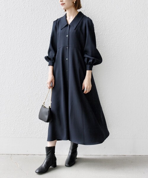 SHIPS any（シップス エニィ）の「【WEB限定】SHIPS any:〈洗濯機可能〉シャーク フラットカラー パフスリーブ ワンピース（シャツワンピース・レディース・グレー/ネイビー・ONE SIZE）」の10枚目の写真