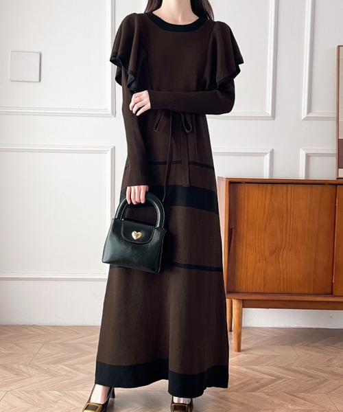 配色ショルーフリルニットワンピース（ワンピース）｜ECLIN（エクラン）