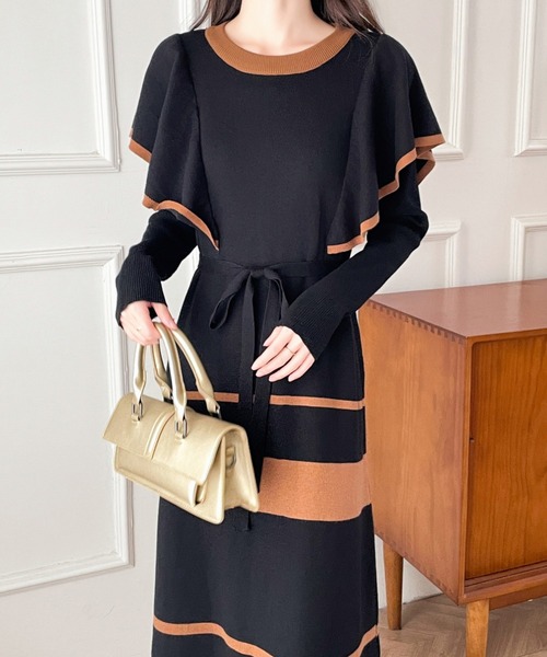 配色ショルーフリルニットワンピース（ワンピース）｜ECLIN（エクラン）