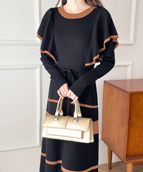 配色ショルーフリルニットワンピース（ワンピース）｜ECLIN（エクラン）