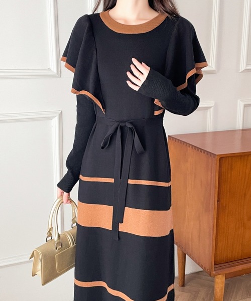 配色ショルーフリルニットワンピース（ワンピース）｜ECLIN（エクラン）