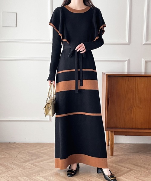 配色ショルーフリルニットワンピース（ワンピース）｜ECLIN（エクラン）