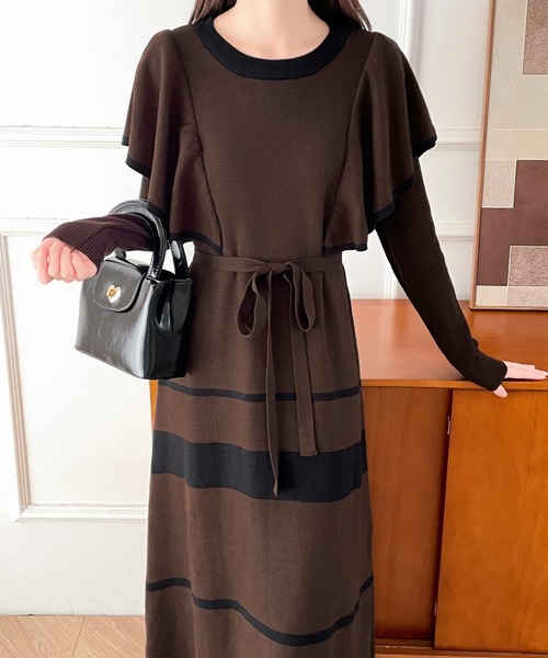 配色ショルーフリルニットワンピース（ワンピース）｜ECLIN（エクラン）