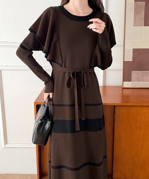 配色ショルーフリルニットワンピース（ワンピース）｜ECLIN（エクラン）