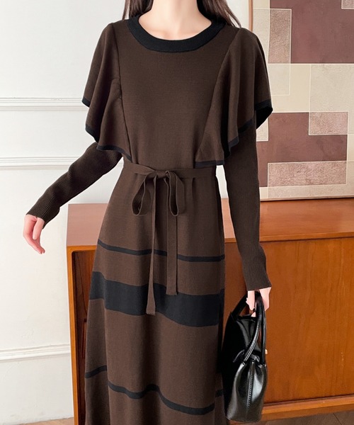 配色ショルーフリルニットワンピース（ワンピース）｜ECLIN（エクラン）