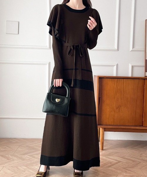 配色ショルーフリルニットワンピース（ワンピース）｜ECLIN（エクラン）