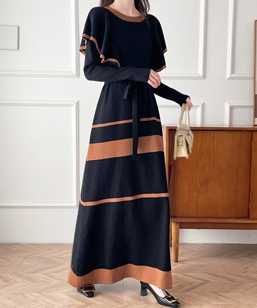 配色ショルーフリルニットワンピース（ワンピース）｜ECLIN（エクラン）