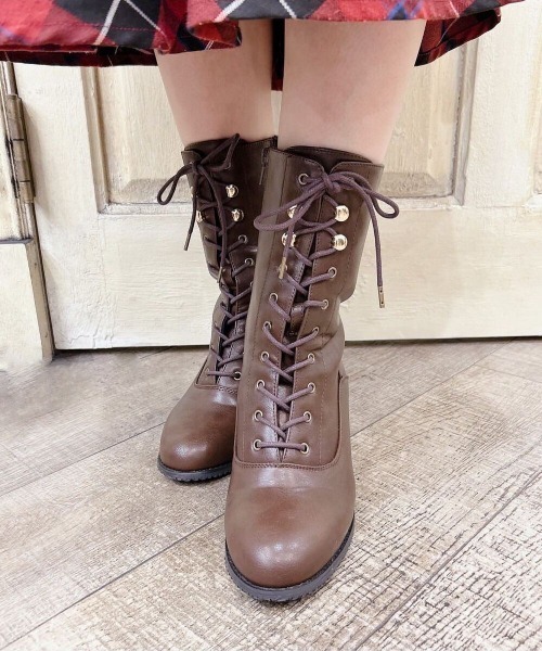 an another angelus(アンアナザーアンジェラス)の「レトロヒールレースアップブーツ/ananotherangelus(ブーツ・レディース・ブラウン/ブラック・L/M/S)」の1枚目の写真