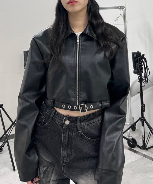 Figments（フィグメンツ）の「クロップドシングルライダースジャケット（ライダースジャケット・レディース・ブラック/キャメル・FREE）」の5枚目の写真