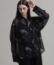 【ELLUV/エルヴ】シルキーシフォンマーブル 長袖オーバーシアーシャツ