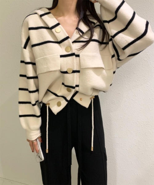 【on:nue】ストライプビッグポケットフードニット（ニット/セーター）｜on:nue（オンニュ）