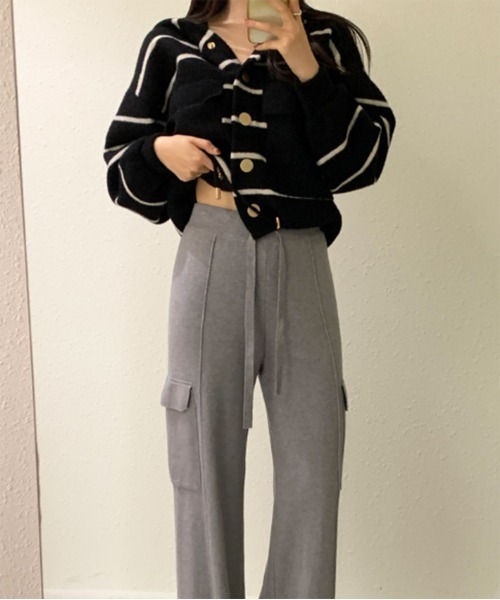 ニット セーター 「on:nue」ストライプビッグポケットフードニット レディース on:nue】ストライプビッグポケットフードニット（ニット