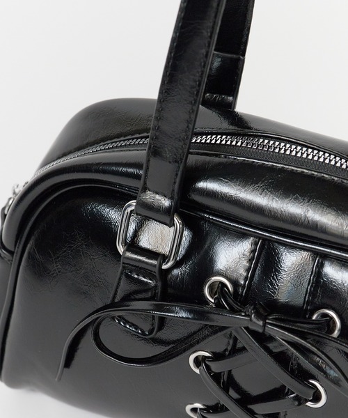 フェイクレザー 編み上げリボンデザイン ハンドバック（ハンドバッグ