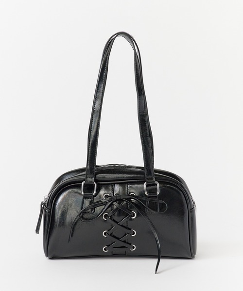 リボンデザイン 黒レザーハンドバッグ　ブランド セール】フェイクレザー 編み上げリボンデザイン ハンドバック