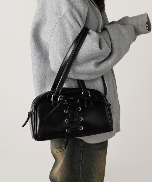 セール】フェイクレザー 編み上げリボンデザイン ハンドバック