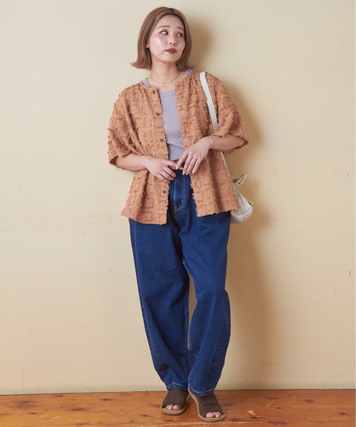 CUBE SUGAR(キューブシュガー)の「フリンジジャガードフリル袖ノーカラーシャツ(シャツ/ブラウス・レディース・スミクロ/ベージュ/オレンジ/ネイビー・M)」の16枚目の写真