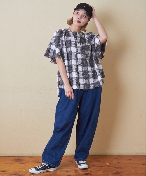 CUBE SUGAR(キューブシュガー)の「フリンジジャガードフリル袖ノーカラーシャツ(シャツ/ブラウス・レディース・スミクロ/ベージュ/オレンジ/ネイビー・M)」の7枚目の写真