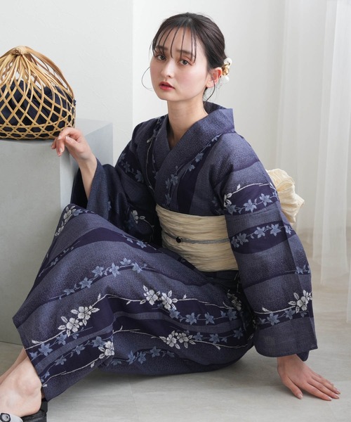 浴衣3点セット 綿麻×紅梅 藍色の立湧小花（浴衣）｜utatane