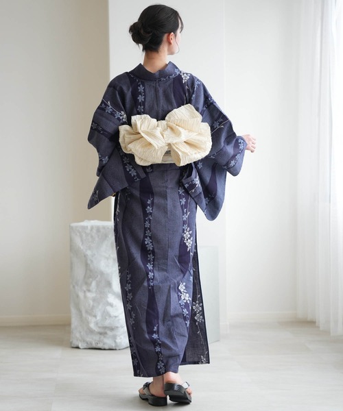 浴衣3点セット 綿麻×紅梅 藍色の立湧小花（浴衣）｜utatane