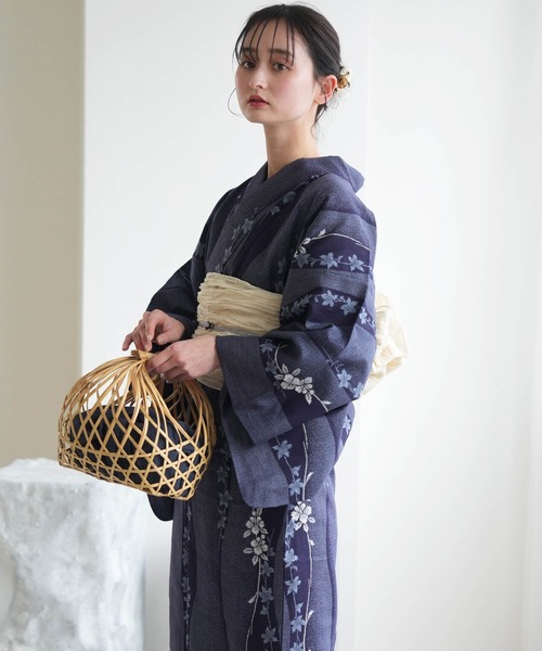 トール 藍 紺色 誂え 浴衣 綿 紅梅 浴衣3点セット 綿麻×紅梅 藍色の立湧小花（浴衣）｜utatane