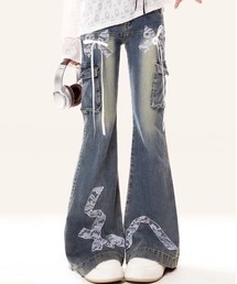 レースししゅうリボン　フレアデニムパンツ