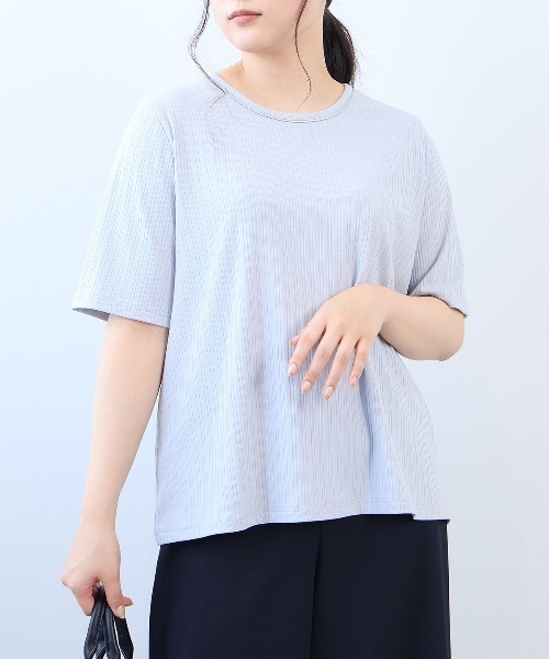 fleur by mint breeze(フルールバイミントブリーズ)の「【L~5L 大きいサイズ】パイピングネックランダムテレコプルオーバー Tシャツ 半袖 春夏(Tシャツ/カットソー・レディース・ネイビー/オフホワイト/グレー・LL/3L/4L/5L)」の1枚目の写真