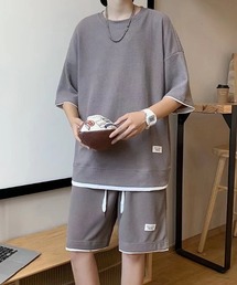 link lot（リンクロット）の「【2点セット】フェイクレイヤードセットアップ  半袖無地Tシャツ＋ショートパンツ  ワッフル調（ルームウェア/パジャマ）」