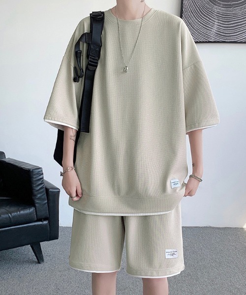 link lot(リンクロット)の「【2点セット】フェイクレイヤードセットアップ 半袖無地Tシャツ+ショートパンツ ワッフル調(ルームウェア/パジャマ・メンズ・アイボリー/ブラック/ホワイト/スミクロ/グレー/ベージュ・L/M)」の3枚目の写真