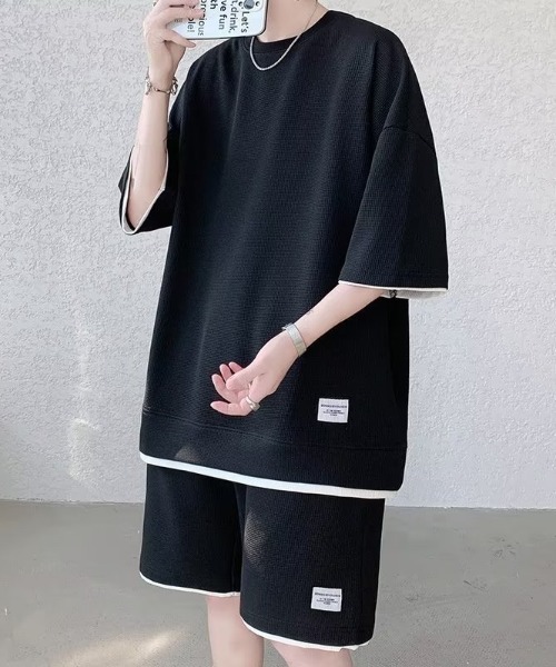 link lot(リンクロット)の「【2点セット】フェイクレイヤードセットアップ 半袖無地Tシャツ+ショートパンツ ワッフル調(ルームウェア/パジャマ・メンズ・アイボリー/ブラック/ホワイト/スミクロ/グレー/ベージュ・L/M)」の1枚目の写真