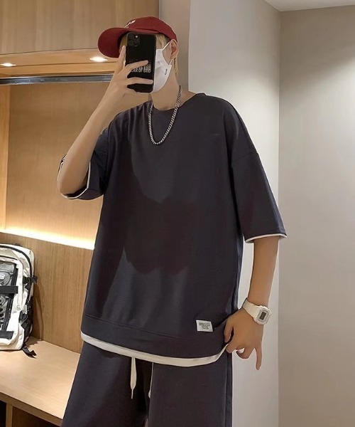 link lot(リンクロット)の「【2点セット】フェイクレイヤードセットアップ 半袖無地Tシャツ+ショートパンツ ワッフル調(ルームウェア/パジャマ・メンズ・アイボリー/ブラック/ホワイト/スミクロ/グレー/ベージュ・L/M)」の10枚目の写真