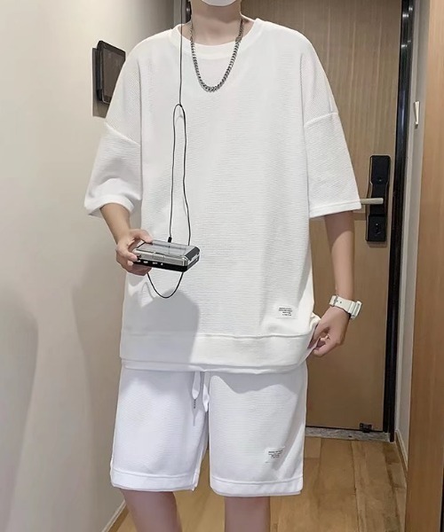 link lot(リンクロット)の「【2点セット】フェイクレイヤードセットアップ 半袖無地Tシャツ+ショートパンツ ワッフル調(ルームウェア/パジャマ・メンズ・アイボリー/ブラック/ホワイト/スミクロ/グレー/ベージュ・L/M)」の9枚目の写真
