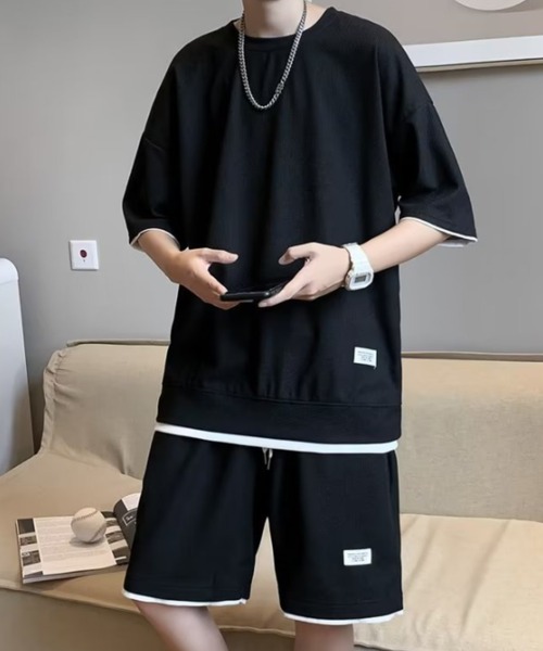 link lot(リンクロット)の「【2点セット】フェイクレイヤードセットアップ 半袖無地Tシャツ+ショートパンツ ワッフル調(ルームウェア/パジャマ・メンズ・アイボリー/ブラック/ホワイト/スミクロ/グレー/ベージュ・L/M)」の12枚目の写真