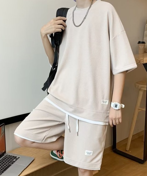 link lot(リンクロット)の「【2点セット】フェイクレイヤードセットアップ 半袖無地Tシャツ+ショートパンツ ワッフル調(ルームウェア/パジャマ・メンズ・アイボリー/ブラック/ホワイト/スミクロ/グレー/ベージュ・L/M)」の18枚目の写真